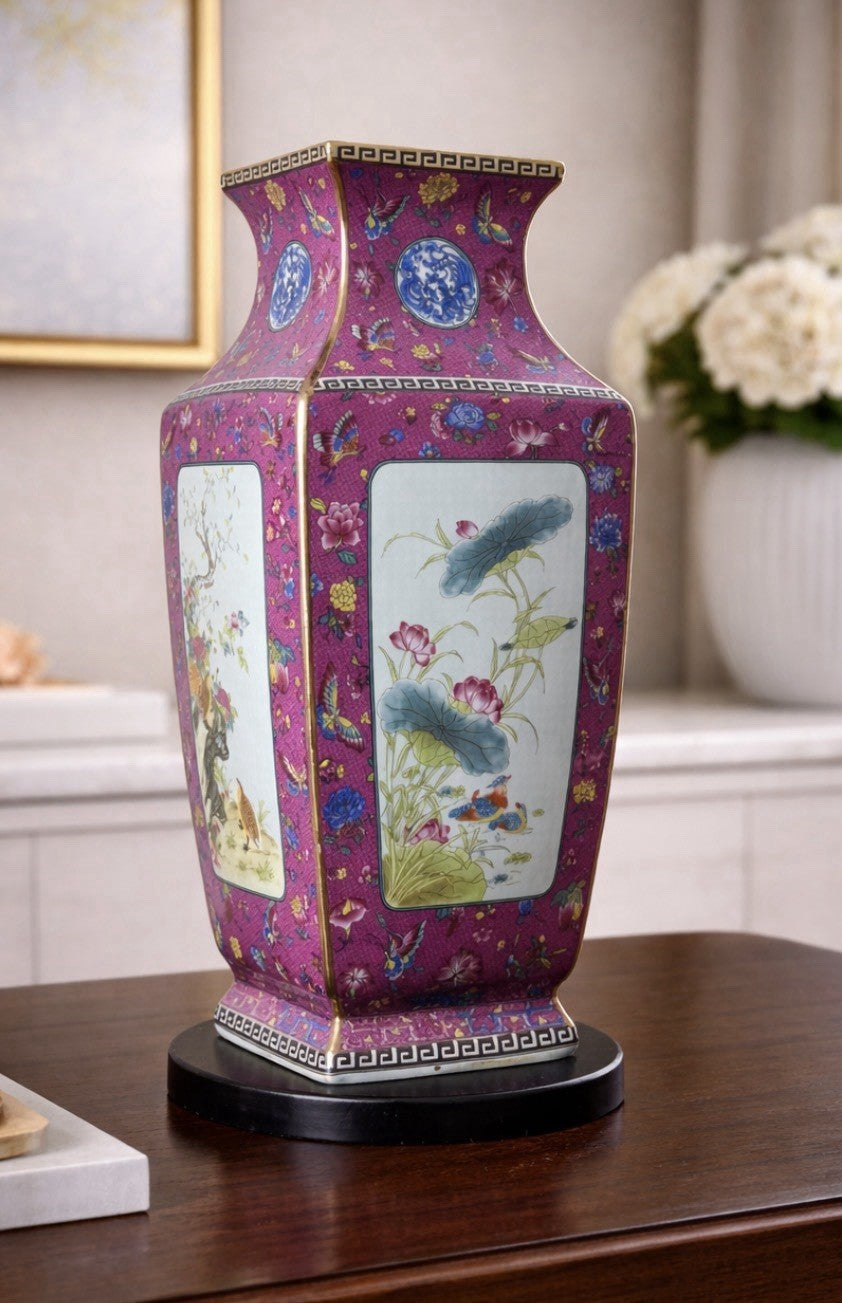 Chinese Style Porcelain Vase Cloisonné Pattern Pink Floral Bird 18”