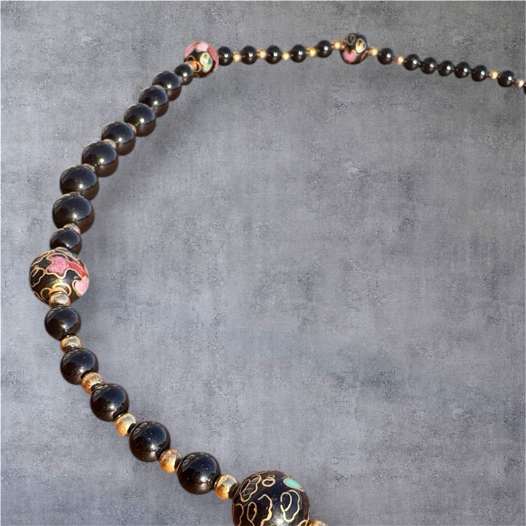 Vintage Black Onyx Beaded Necklace Cloisonné Floral Beads Gold Tone