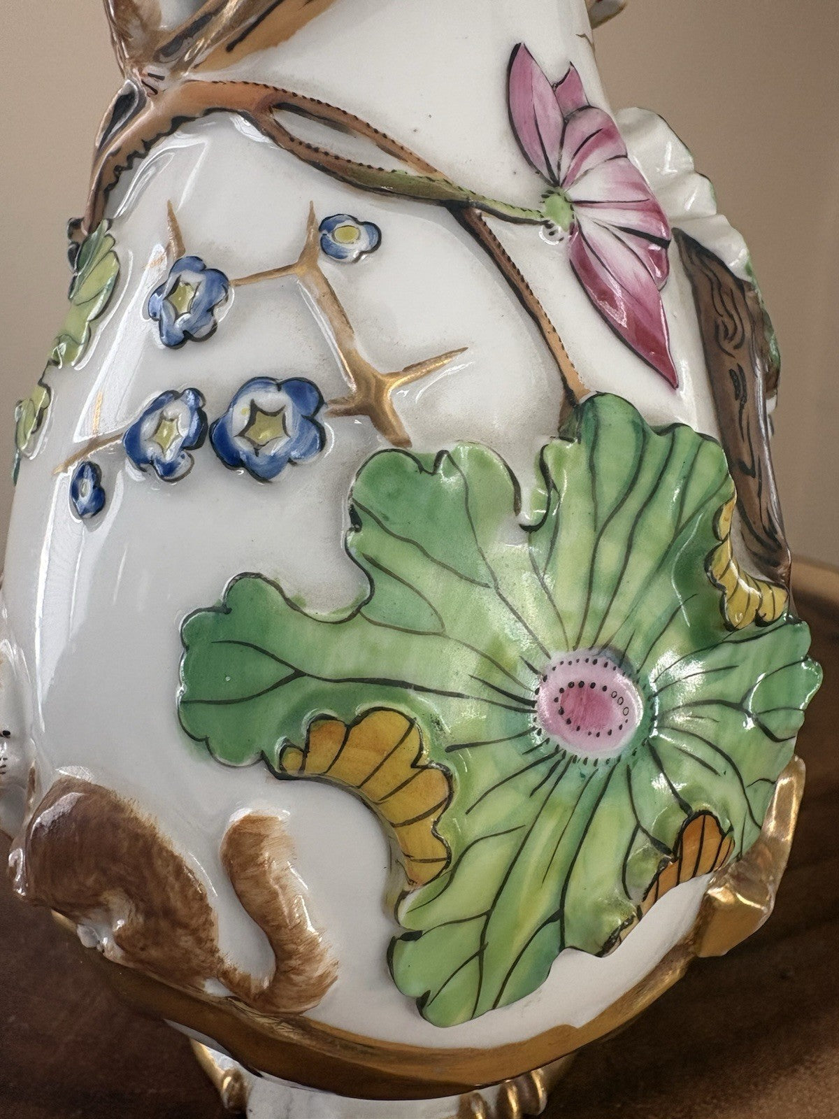 Antique Continental Porcelain Vase Figural Birds Squirrels Gilt