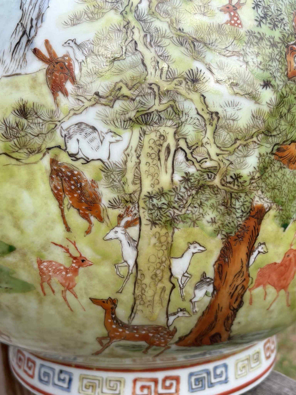 Antique Chinese Famille Rose Deer & Pine Vase Qianlong Mark Late Qing 18”