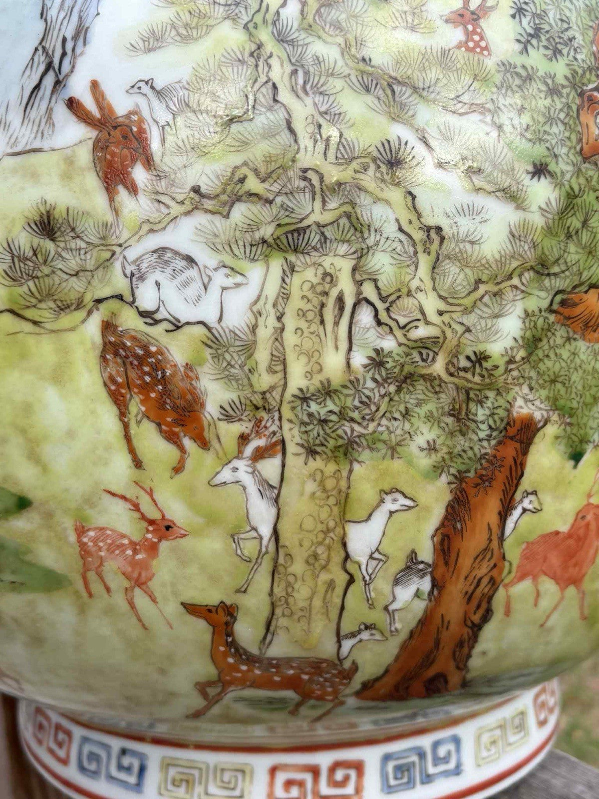 Antique Chinese Famille Rose Deer & Pine Vase Qianlong Mark Late Qing 18”
