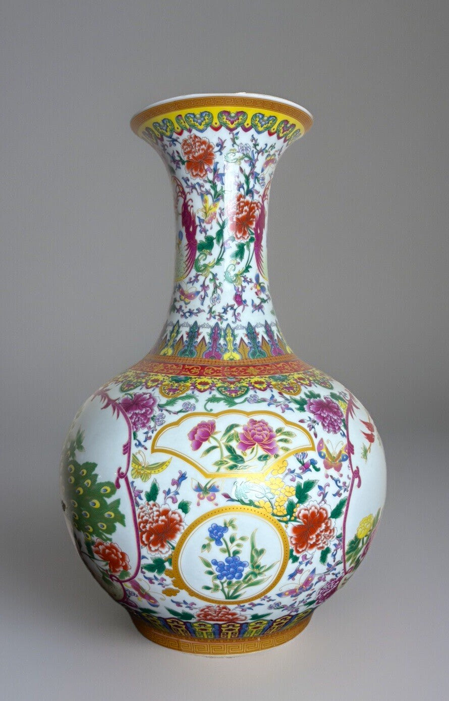 22” Chinese Large Floor Vase Floral Garden Flower Scenes With Peacocks Birds