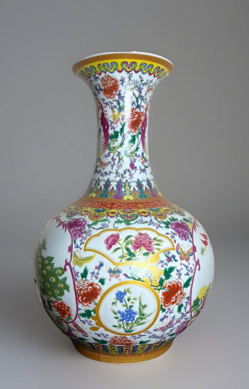 22” Chinese Large Floor Vase Floral Garden Flower Scenes With Peacocks Birds