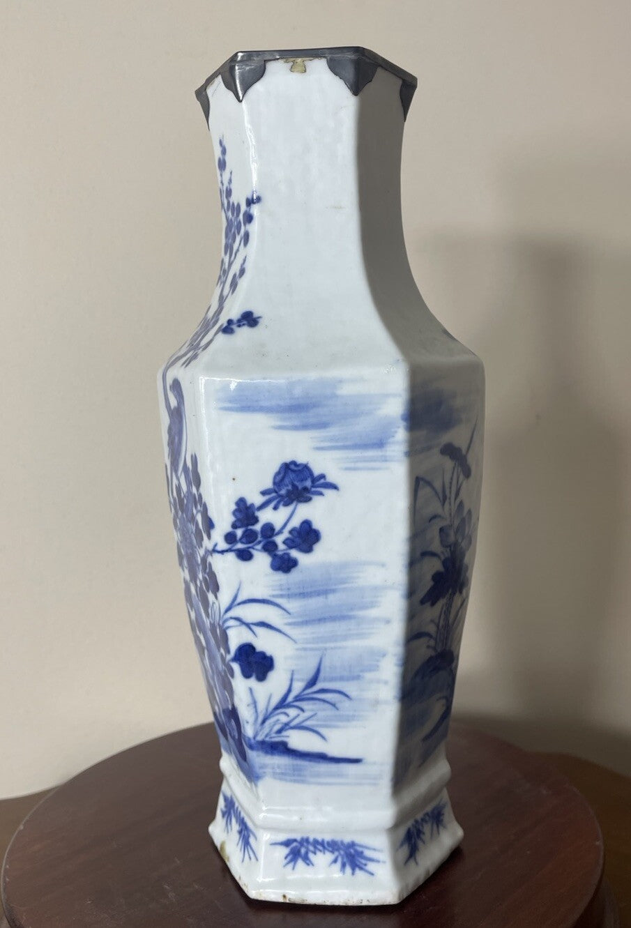 Rare Qing Dynasty Blue White Hexagonal Vase Bird Plum Blossom 1700s China