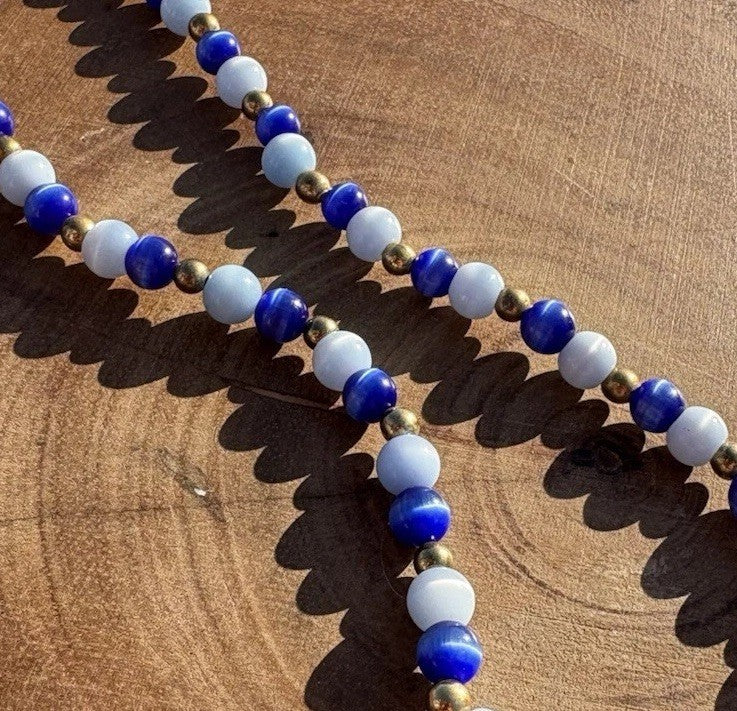 Vintage Blue & White Cat’s Eye Glass Bead Necklace Gold Tone Spacers 16”
