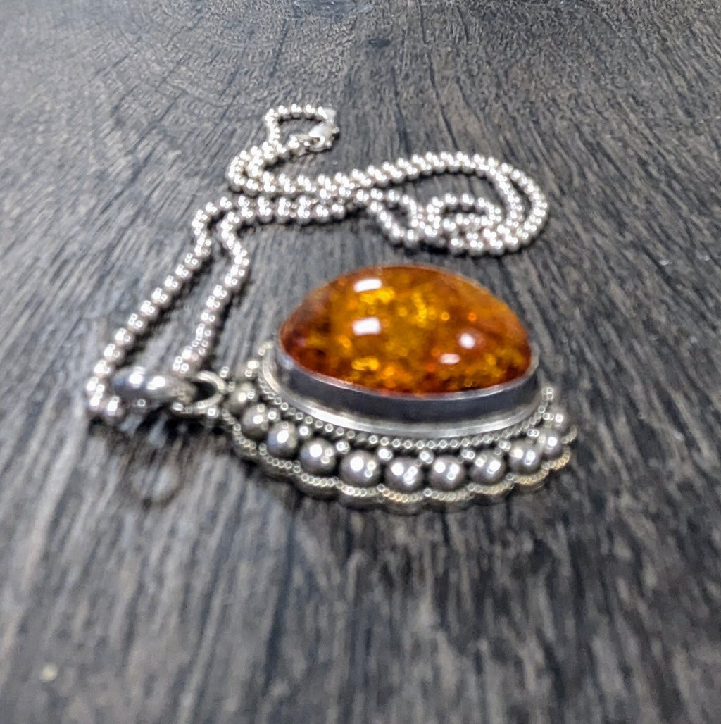 Genuine Natural AMBER Stone PENDANT with Sterling Silver 925 With Chain