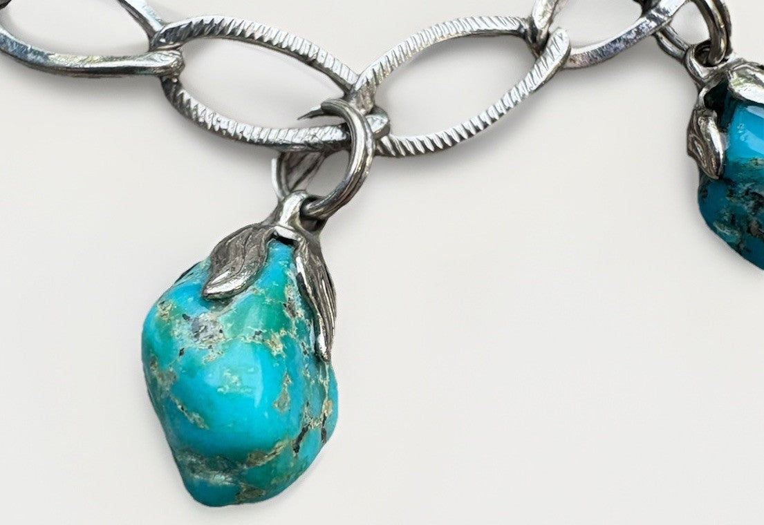 Vintage Sterling Silver Turquoise Nugget Charm Bracelet Southwestern 7”