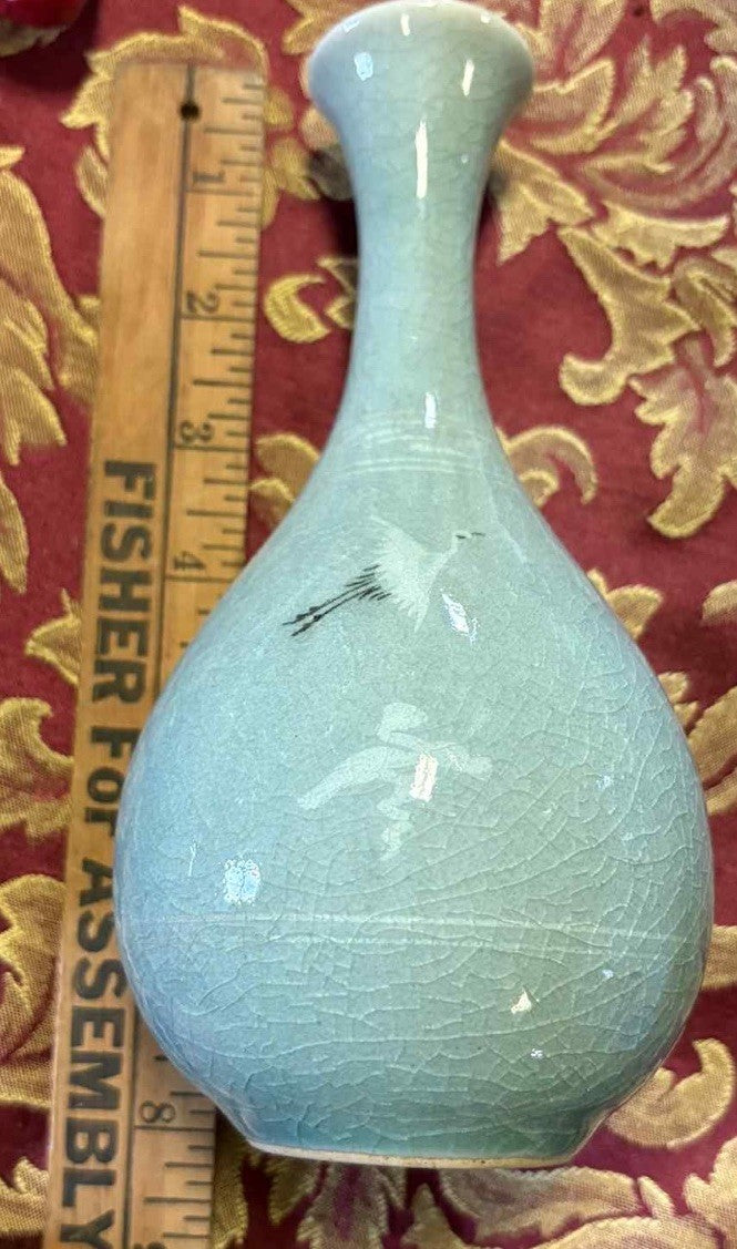 Vintage Korean Celadon Crackle Glaze Sake / Tea Set–Crane Motif –Signed 5 Pieces