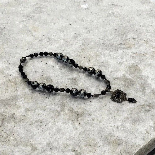 VTG Gothic 925 Sterling Marcasite Pendant Necklace Black Beads Signed