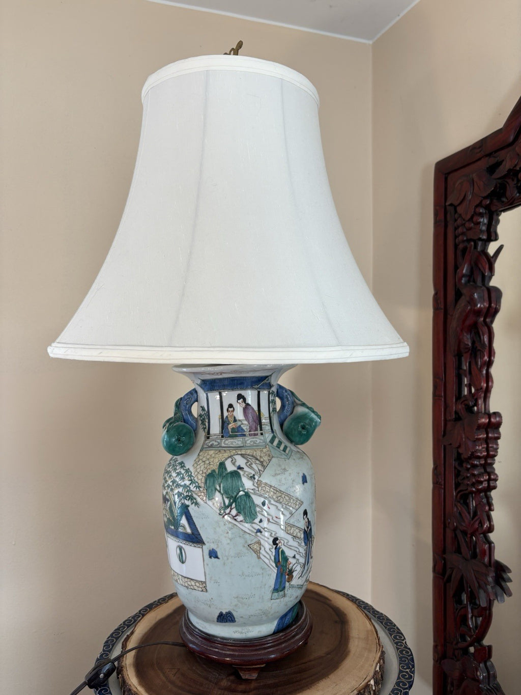 Antique Chinese Famille Rose Porcelain Figural Table Lamp w/ Relief Flowers 29”