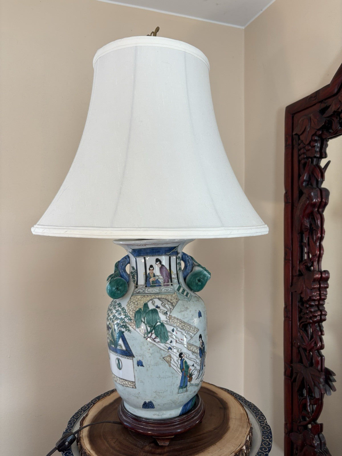 Antique Chinese Famille Rose Porcelain Figural Table Lamp w/ Relief Flowers 29”