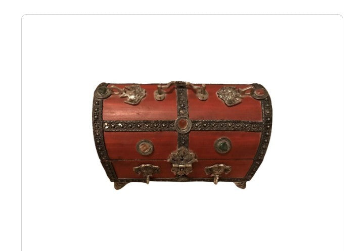 Tibetan Brass Inlaid Wooden Chest Box elephant Handles Gem Accents Vintage