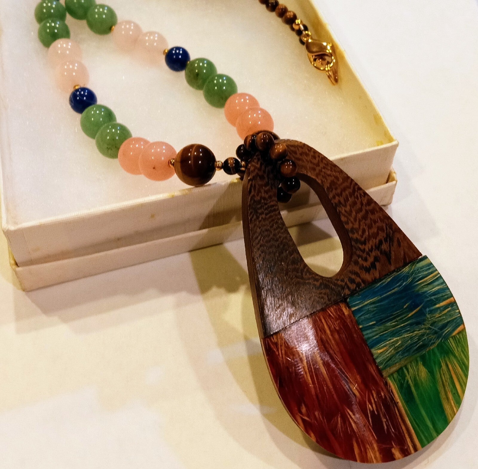 multigemstone Bohemian necklace with wood pendant