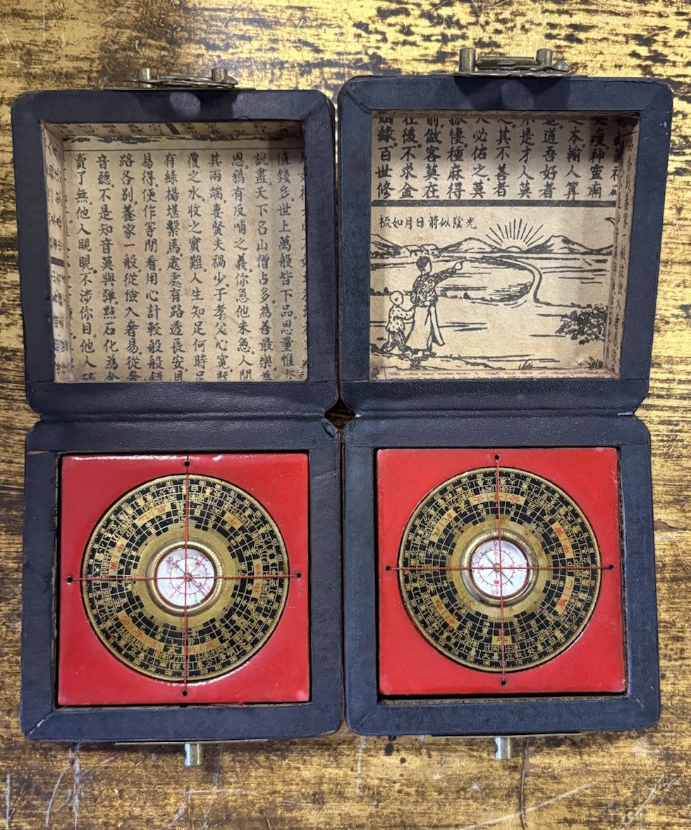 Pair Vintage Chinese Luopan Feng Shui Compass Boxes Red Lacquer Dragon