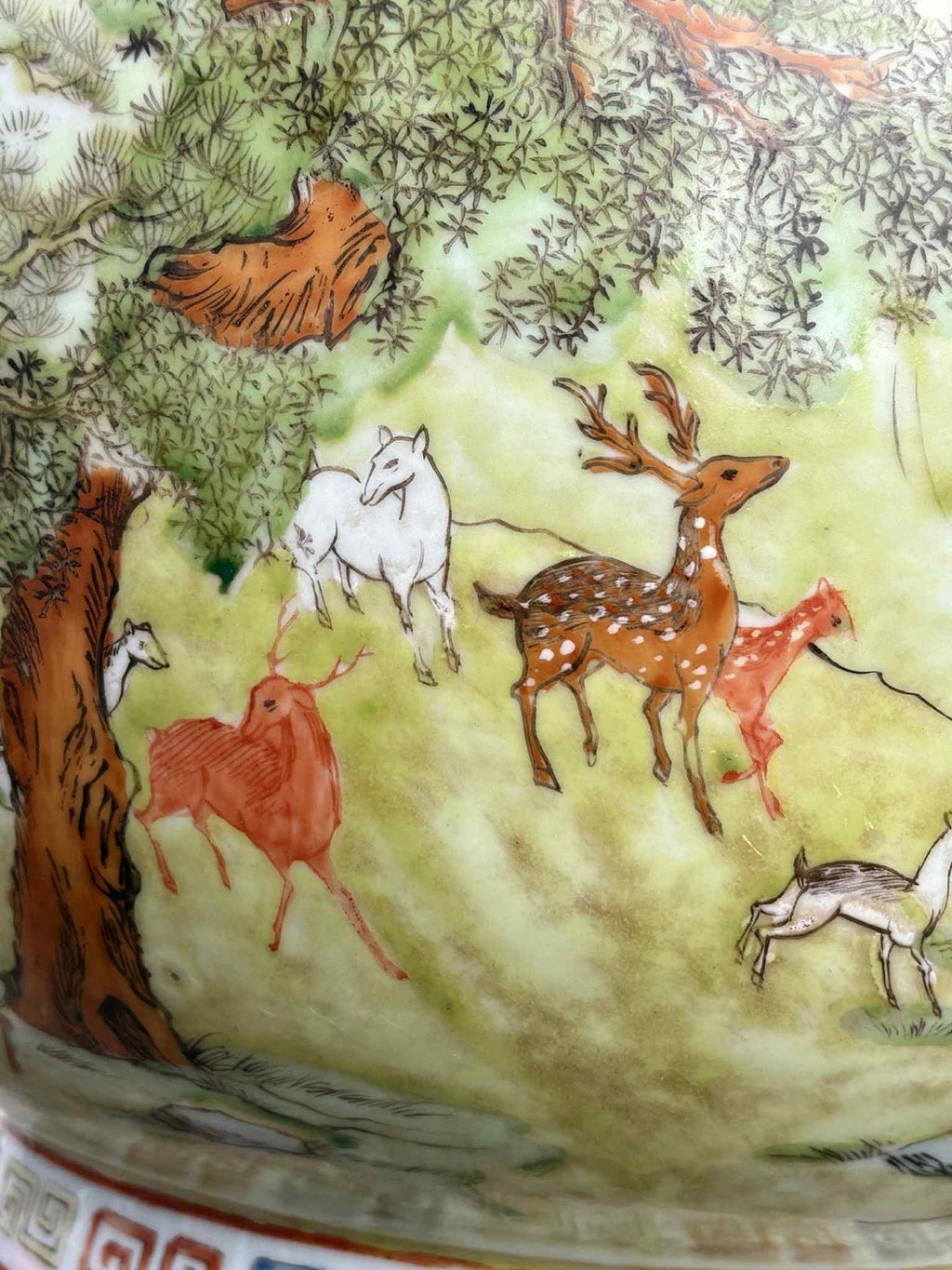 Antique Chinese Famille Rose Deer & Pine Vase Qianlong Mark Late Qing 18”