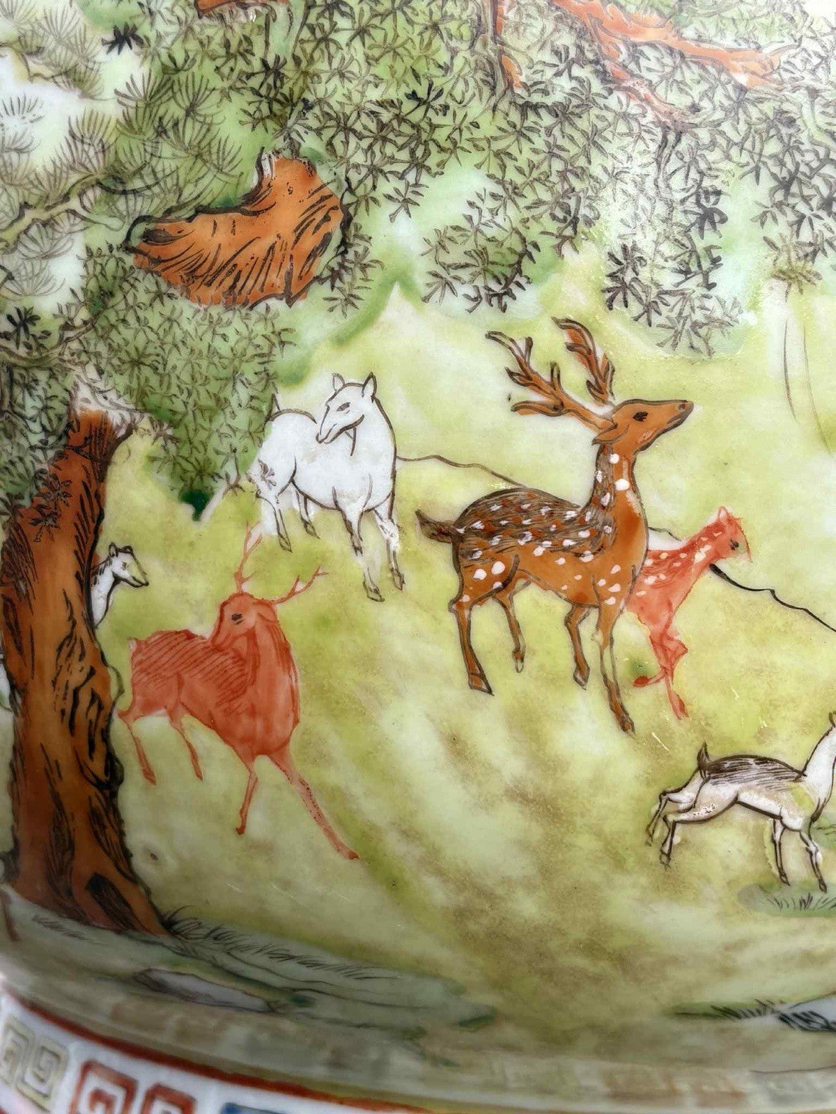 Antique Chinese Famille Rose Deer & Pine Vase Qianlong Mark Late Qing 18”