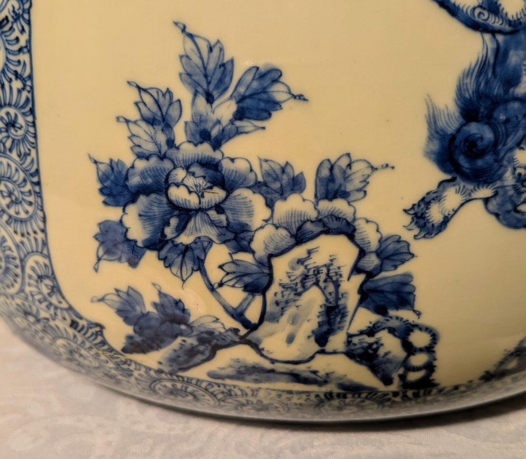 Antique Chinese Blue White Temple Jar Foo Lion Butterfly Handle Qing RARE