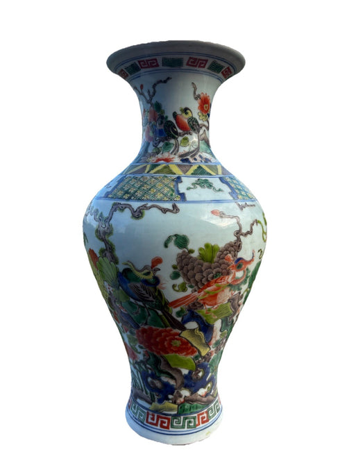 Antique Chinese 14" Famille Verte Phoenix & Peony Vase, Guangxu Era Style
