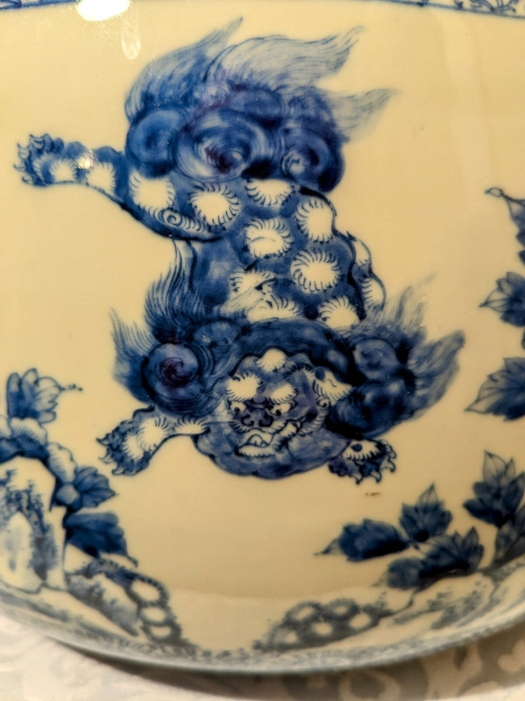 Antique Chinese Blue White Temple Jar Foo Lion Butterfly Handle Qing RARE