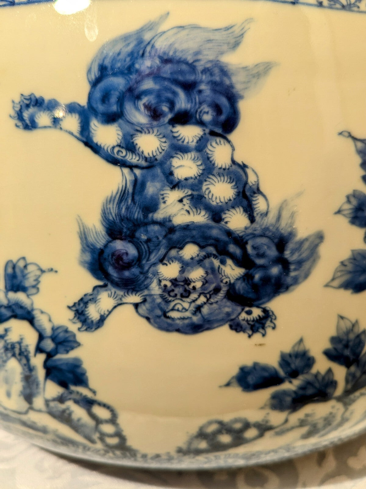 Antique Chinese Blue White Temple Jar Foo Lion Butterfly Handle Qing RARE