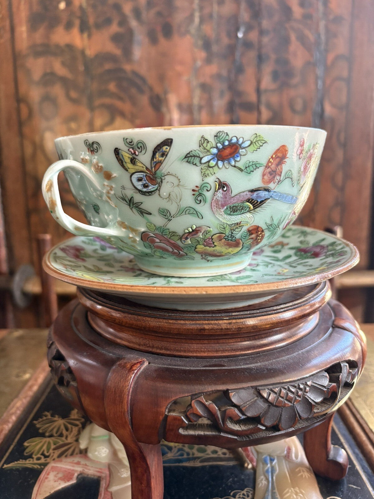 19thC Chinese Large Celedon Soup Dish & Plate With Flowers, Birds, Butterflies