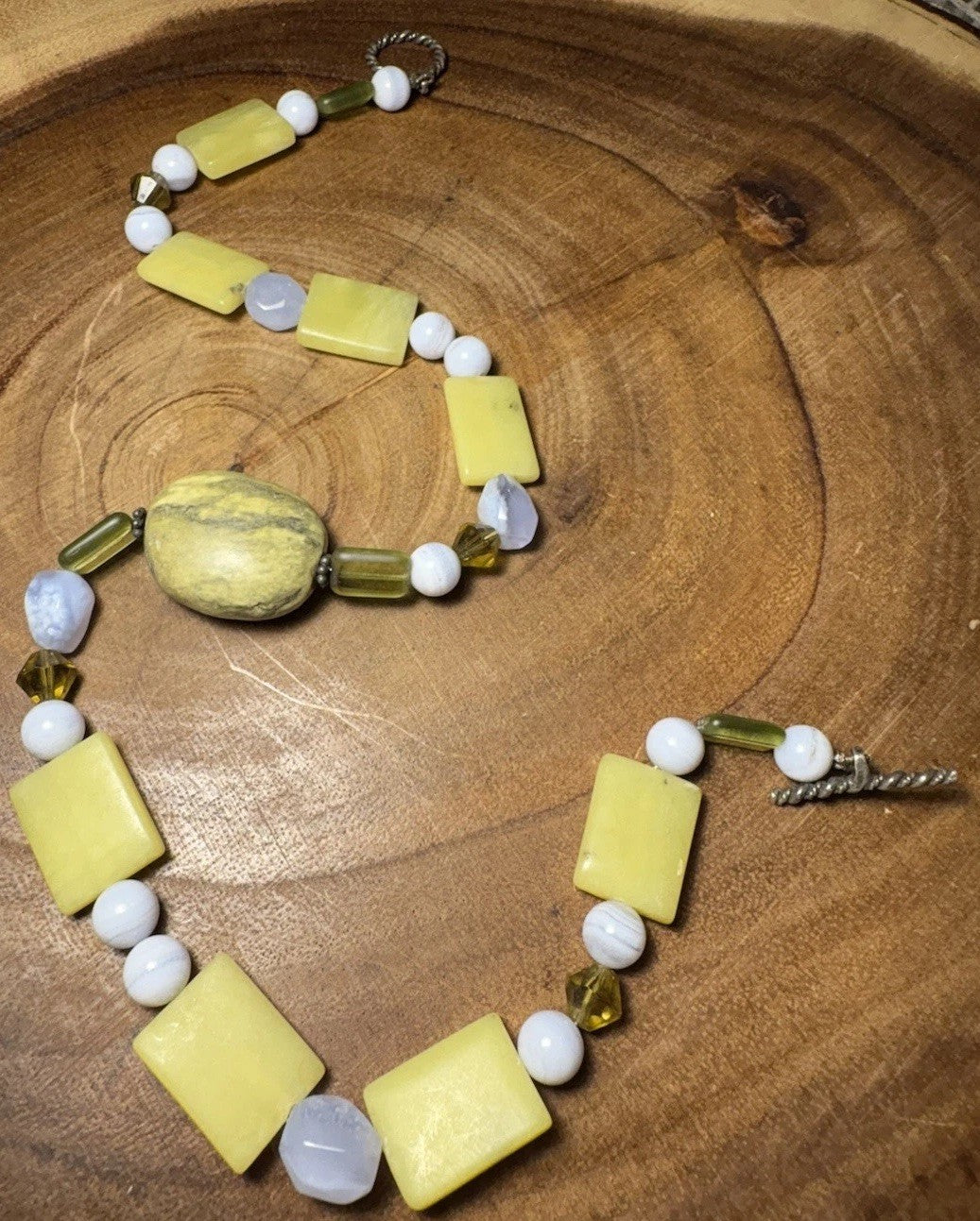 17” Beaded Necklace Yellow Stone, Blue Chalcedony & Sterling Silver Toggle