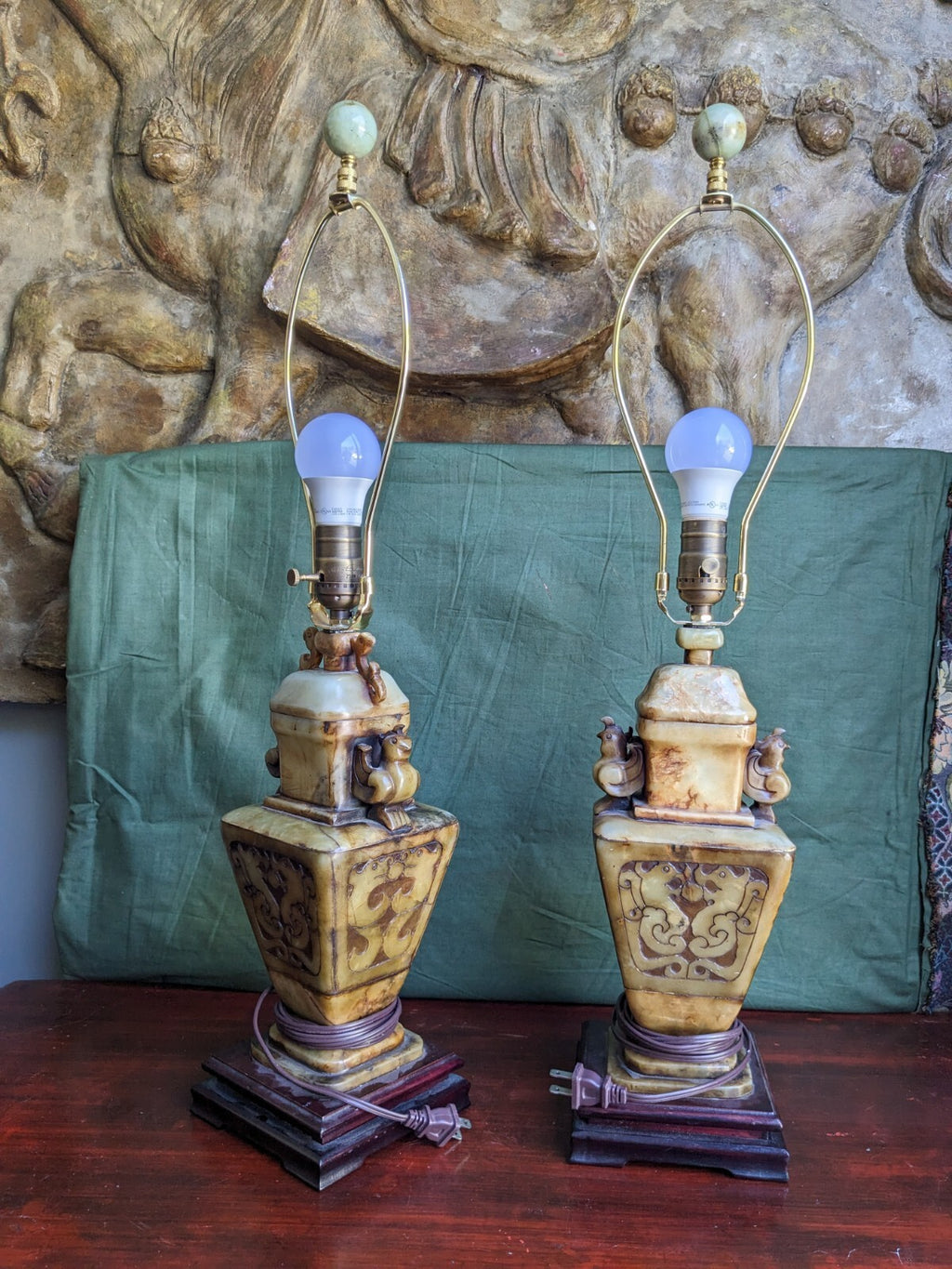 Pair of Chinese Carved Alabaster Lamps With Birds and Dragons