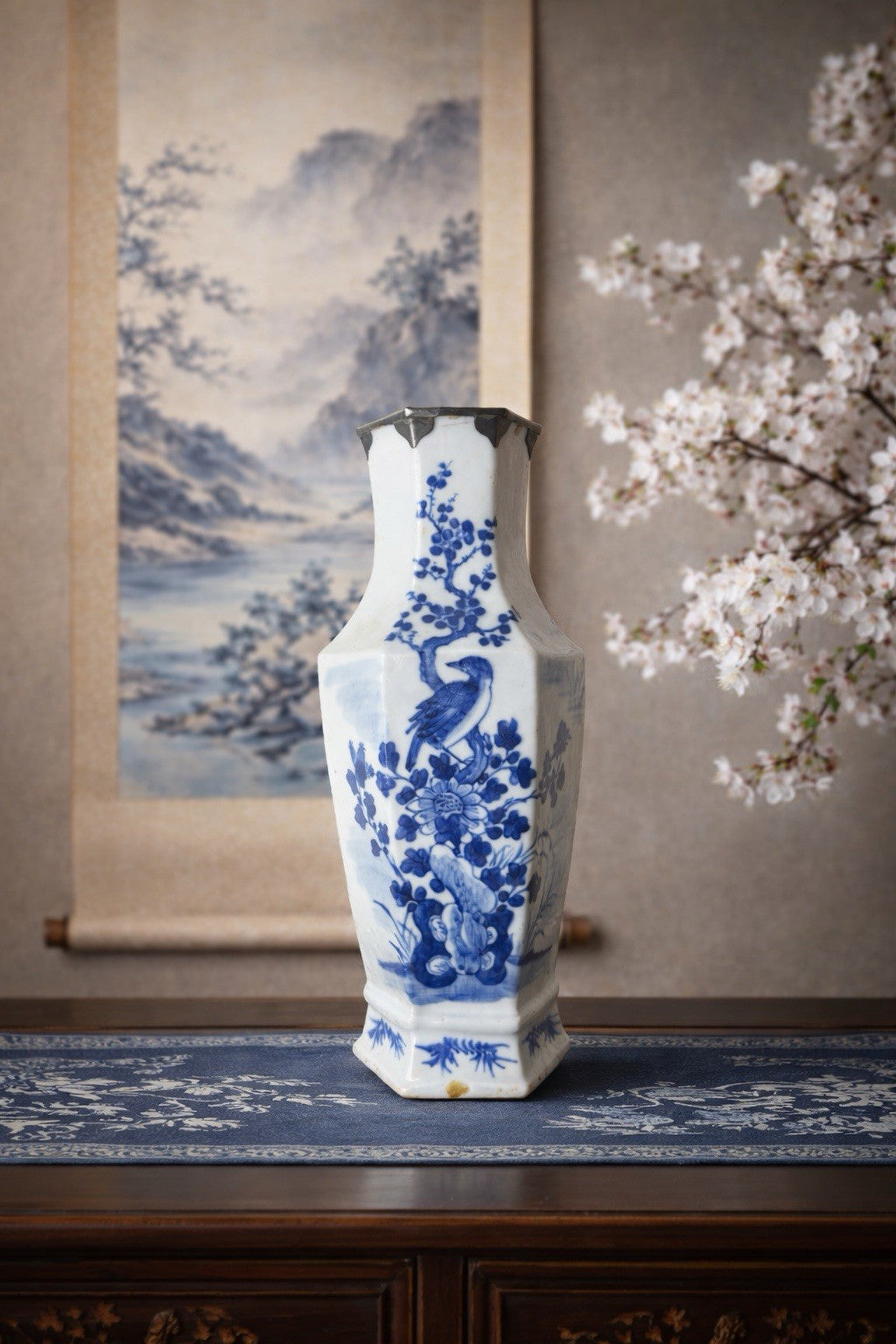 Rare Qing Dynasty Blue White Hexagonal Vase Bird Plum Blossom 1700s China