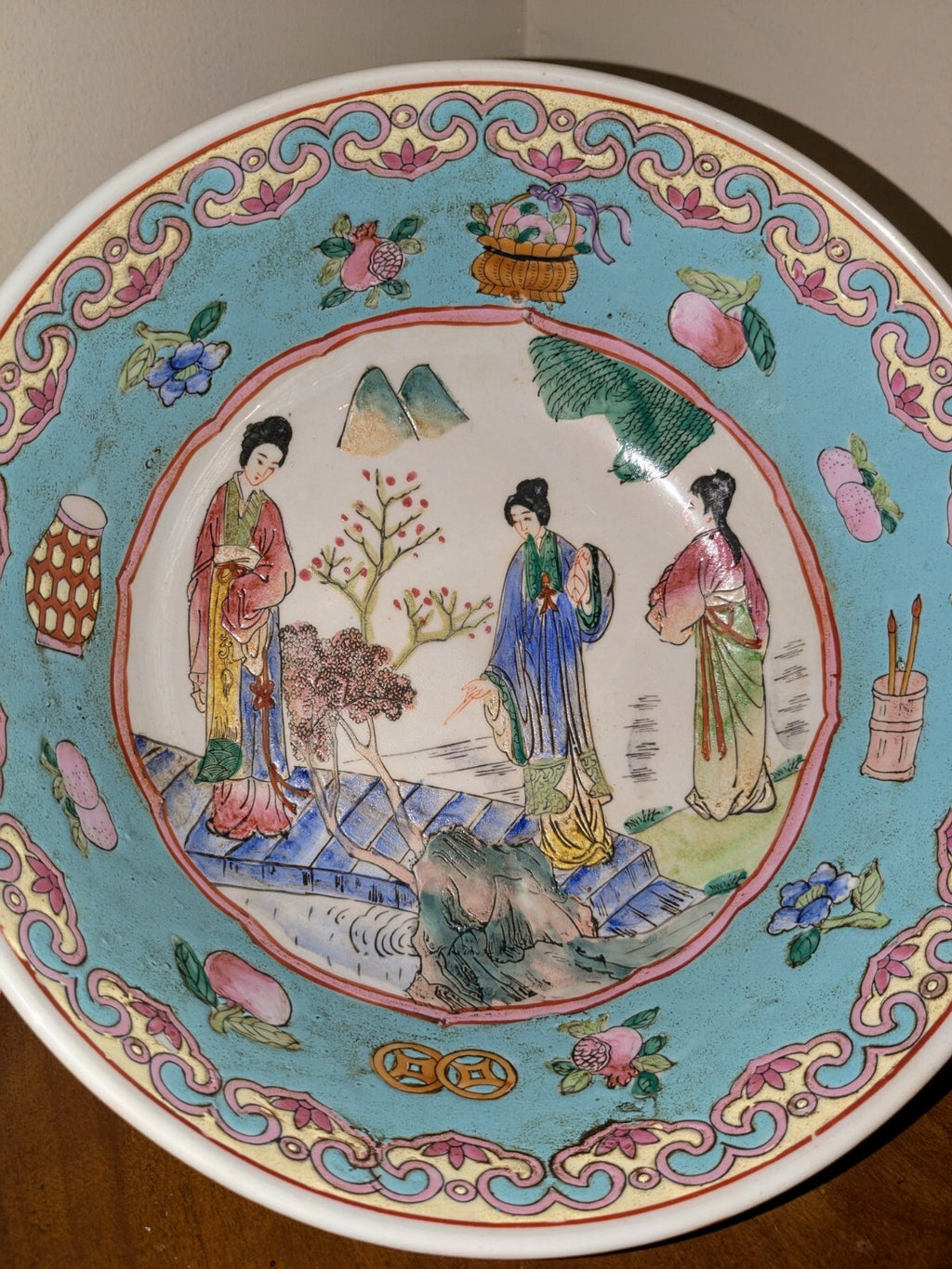Vintage Macau Famille Rose Porcelain Serving Bowl With Hand Painted Bucolic Scen