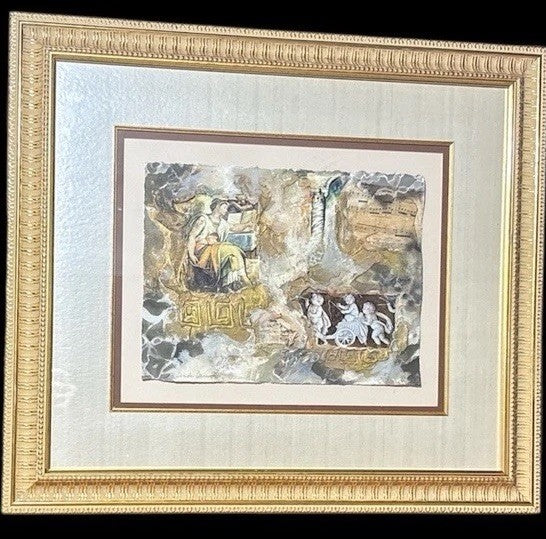 Linda Denison Mixed Media Collage Gold Leaf Art Framed Classical Scene
