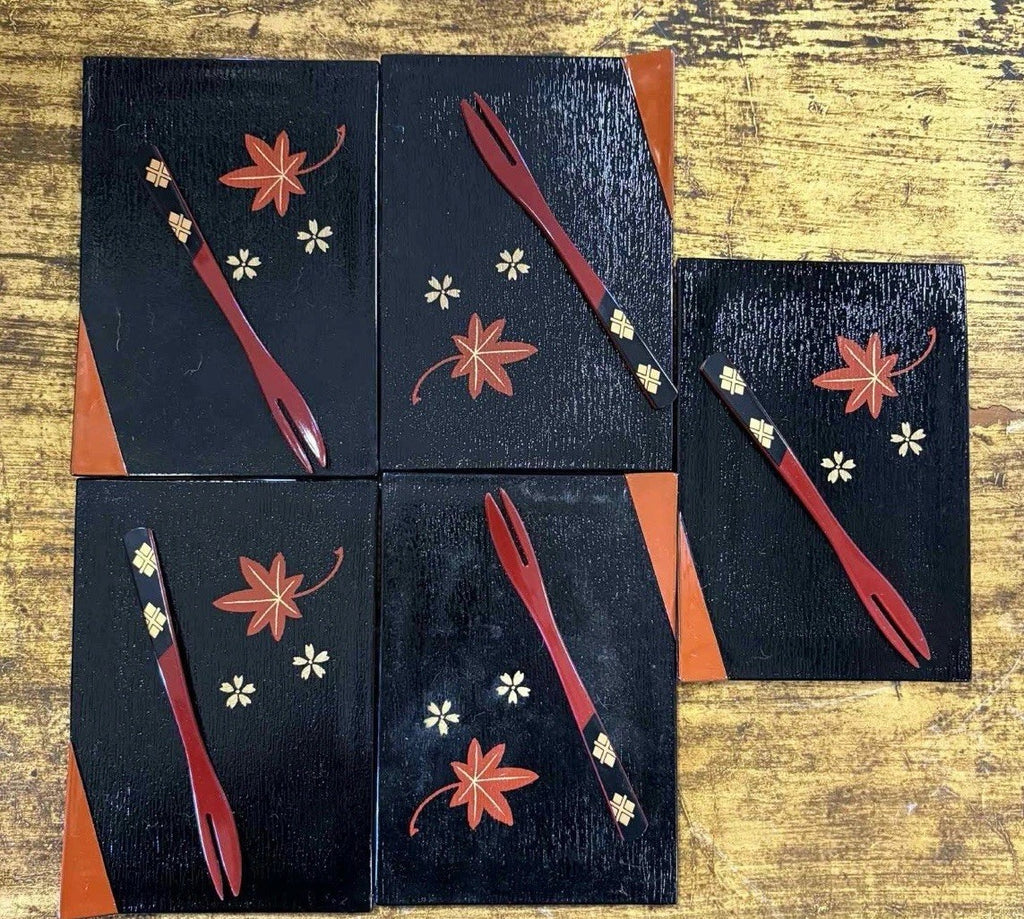Vintage Japanese Lacquer Dessert Plates & Fork Picks Set w/ Box 5pcs