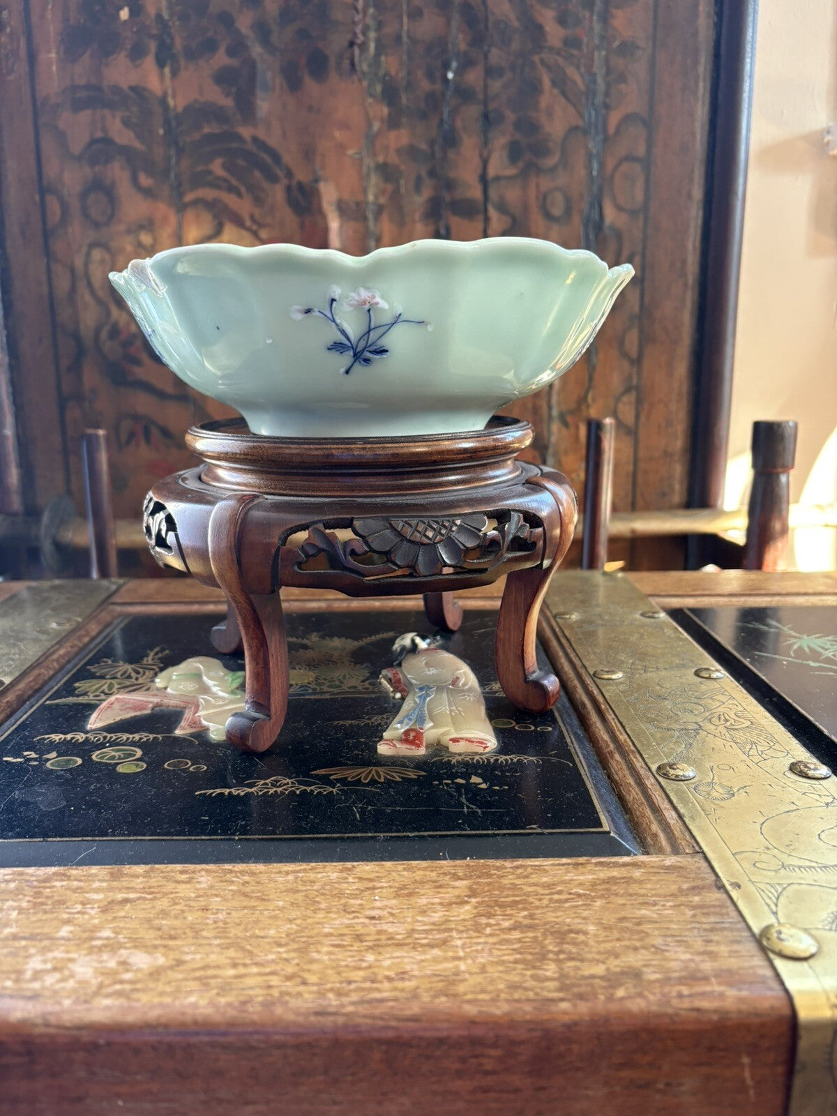 Antique Chinese Celadon Porcelain Bowl Qing Dynasty Blue White Enamel 1720/1760