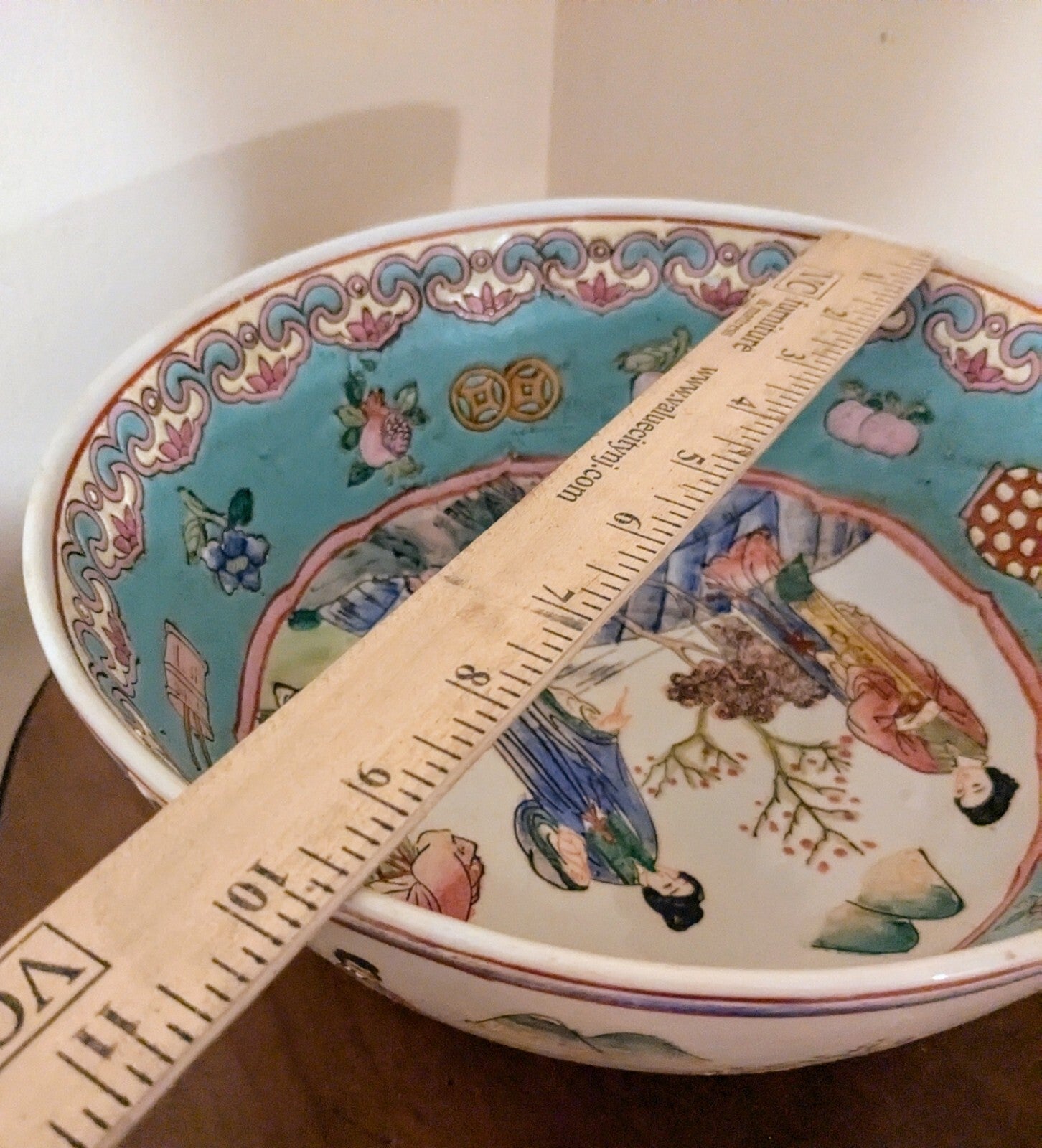 Vintage Macau Famille Rose Porcelain Serving Bowl With Hand Painted Bucolic Scen