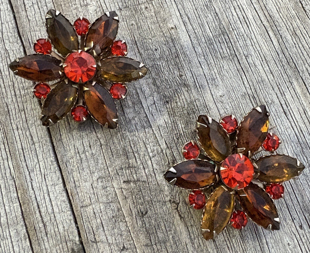 Judy Lee Vintage Amber and Red Flower Clip-On Earrings