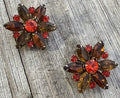 Judy Lee Vintage Amber and Red Flower Clip-On Earrings