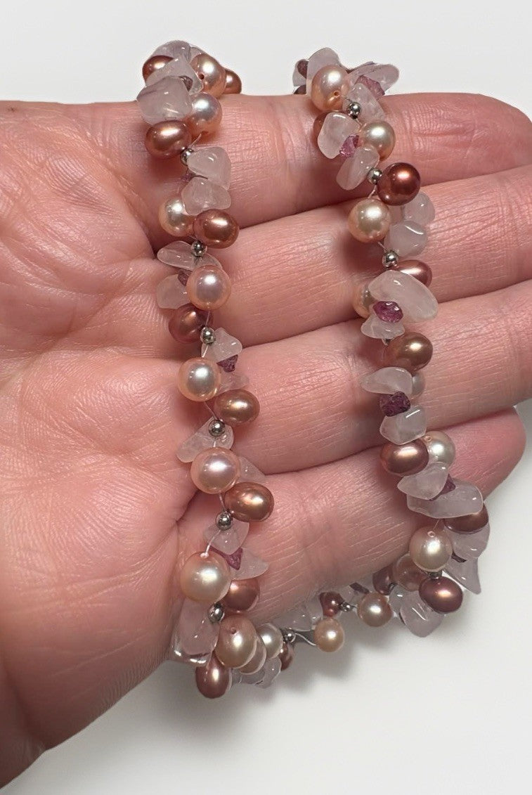 925 Sterling Pink Pearl Rose Quartz Garnet Necklace Vintage Gemstone 18