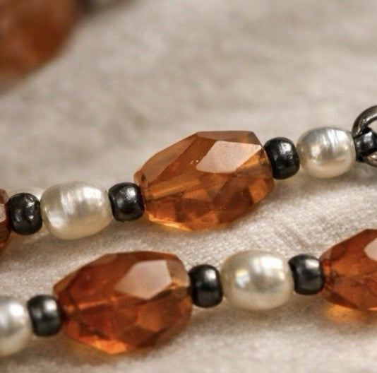 Vintage 925 Sterling Carnelian Pearl Double Strand Necklace Artisan Estate 18”