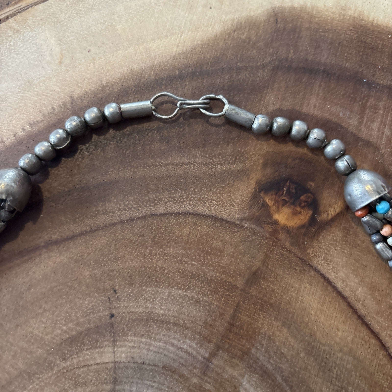 70s Boho Southwestern Nickel Silver Turquoise Coral Bead Multi Strand Necklace