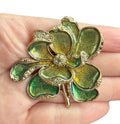 Vintage Signed MONET Green Enamel Flower Brooch Rhinestones Pin