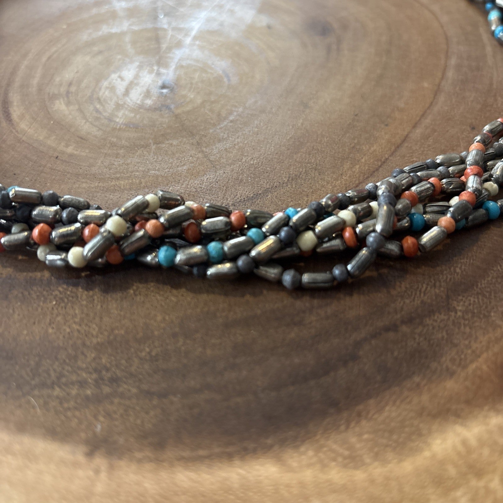 70s Boho Southwestern Nickel Silver Turquoise Coral Bead Multi Strand Necklace