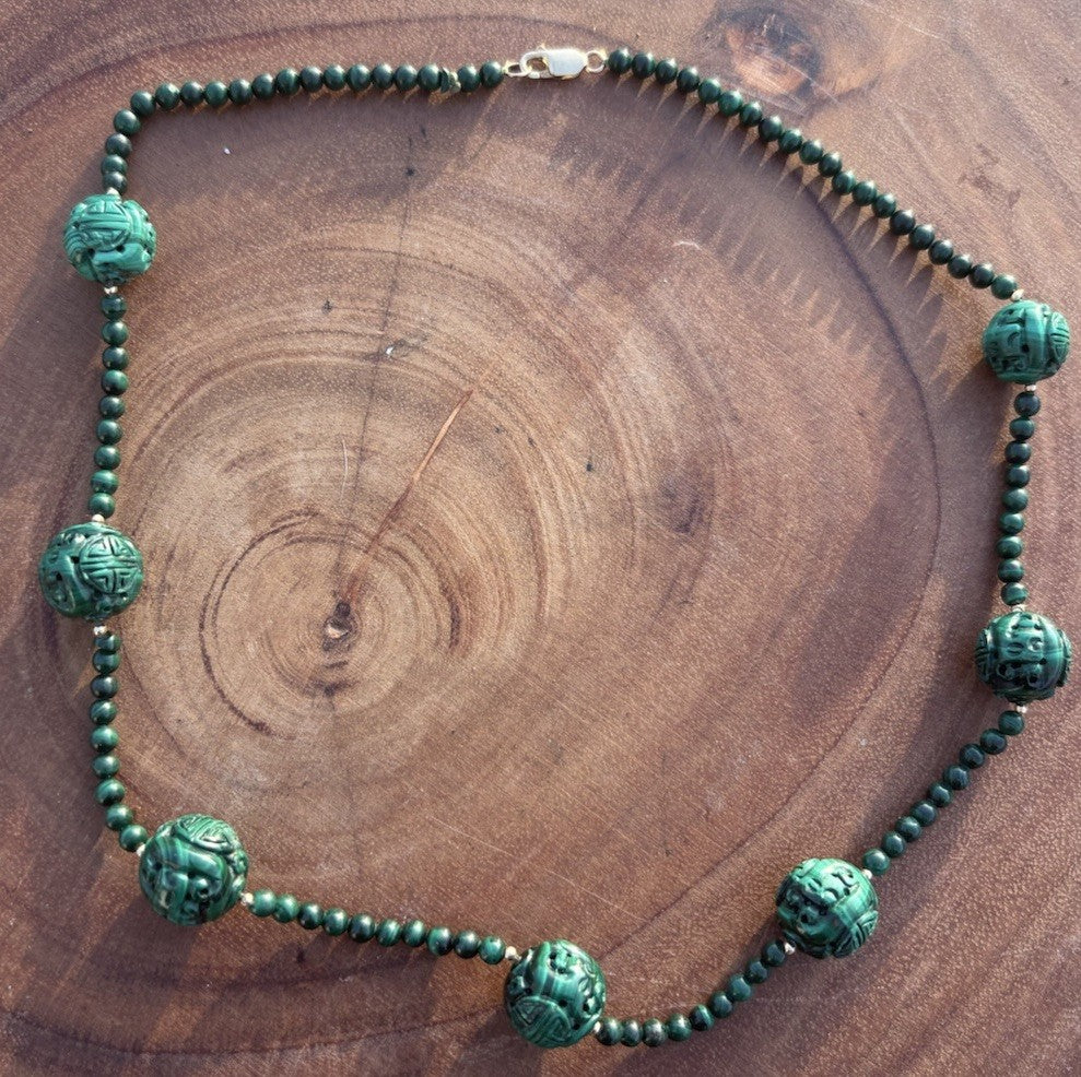 14k Vintage Carved Malachite Necklace Longevity Beads 18” Hand Knotted 14K Clasp