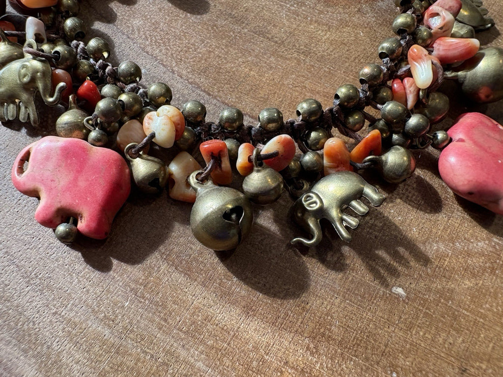 Handmade Boho Bracelet Coral Beads Elephant Charms Brass Beaded Jewelry 7”