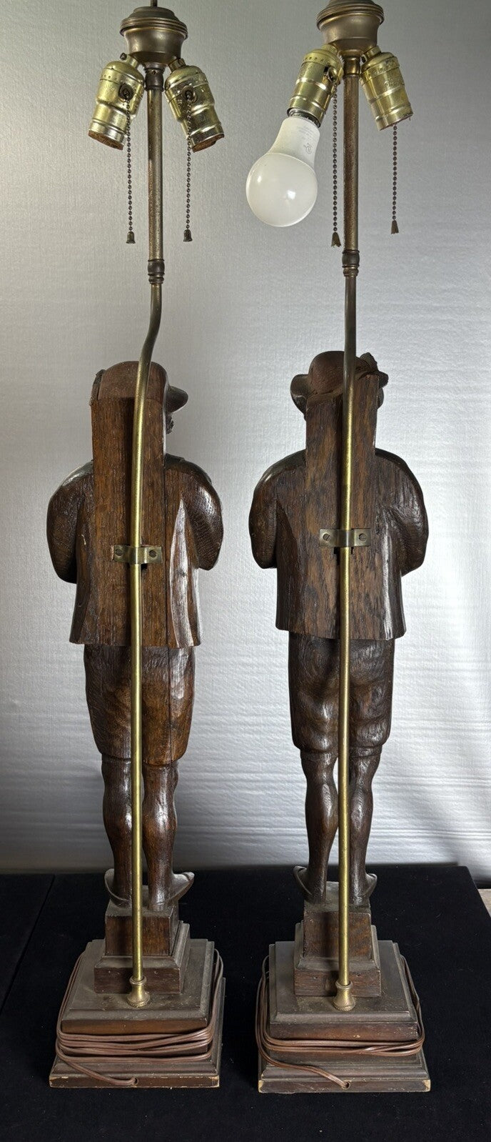 Vintage Pair Incredible Carved Wood Lamp Musicians 37”