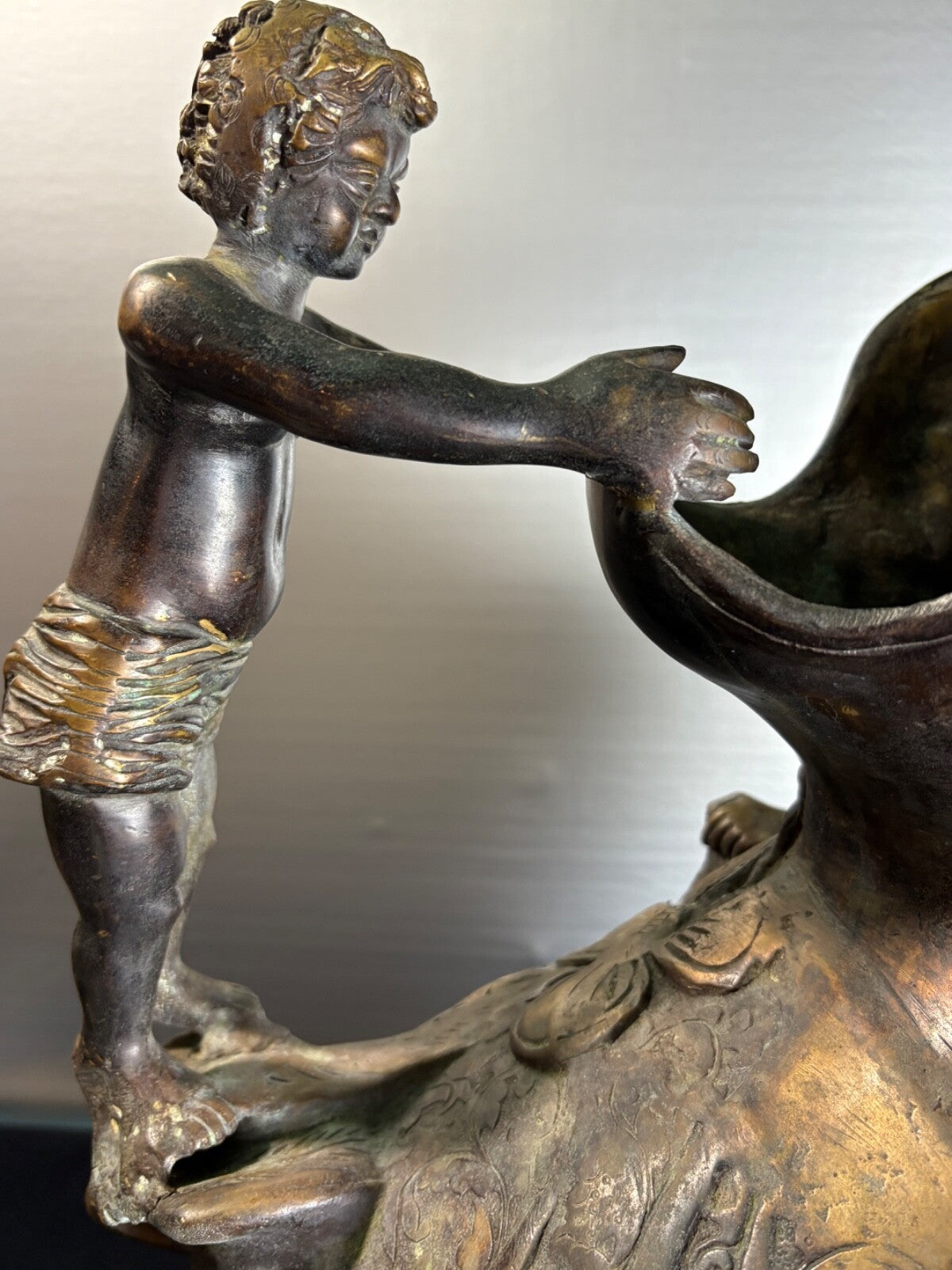 Antique Bronze Art Nouveau Figural Vase Putti Cherubs Floral Relief 20” Tall