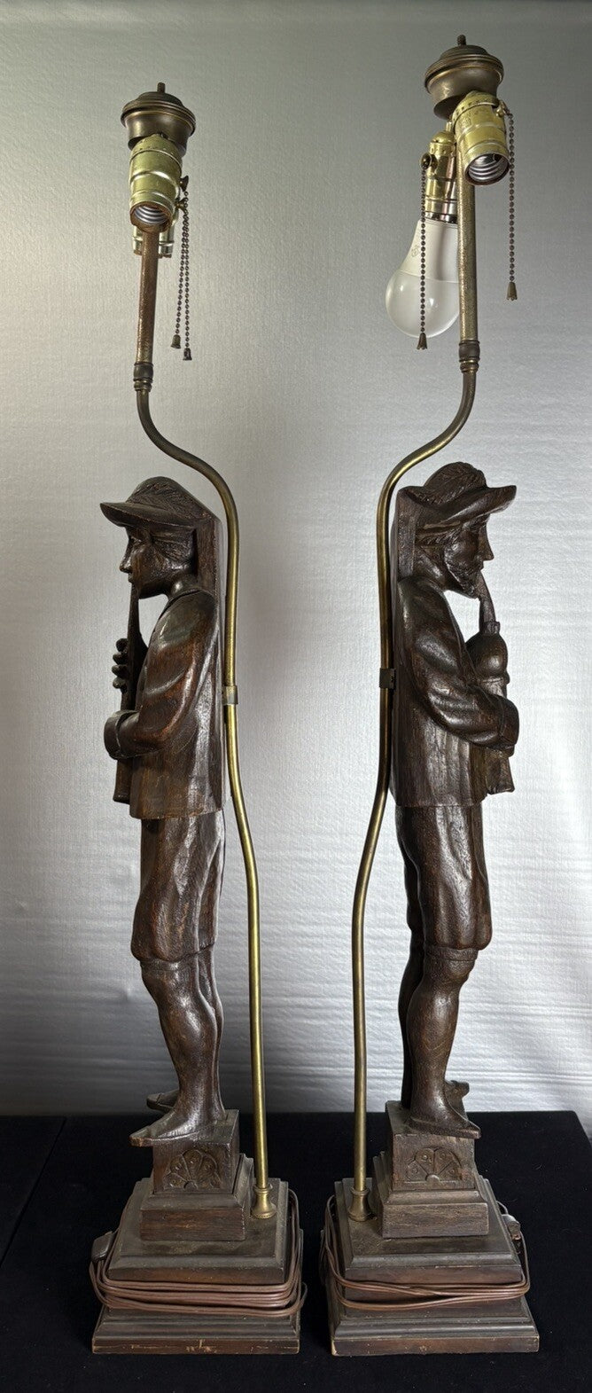 Vintage Pair Incredible Carved Wood Lamp Musicians 37”