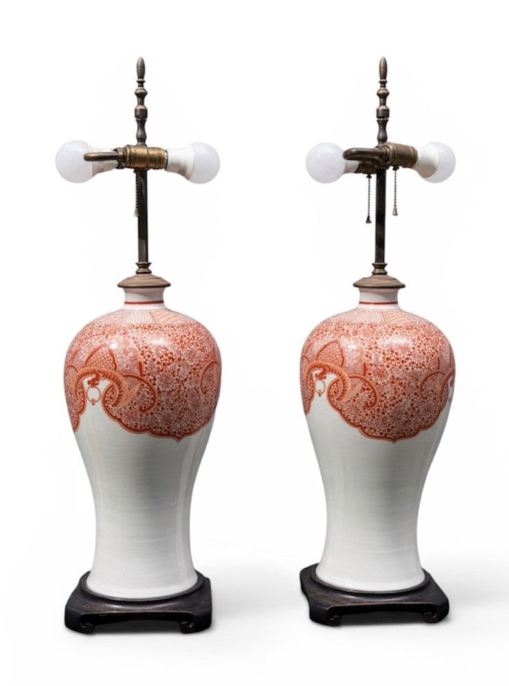 Vintage Japanese Pair Porcelain Chinoiserie Lamps, Hand-Painted Red & White