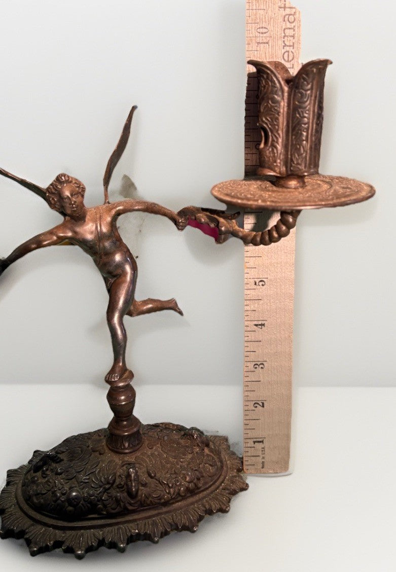 French Bronze Cherub Candle Holder – Art Nouveau Winged Putto Candelabra