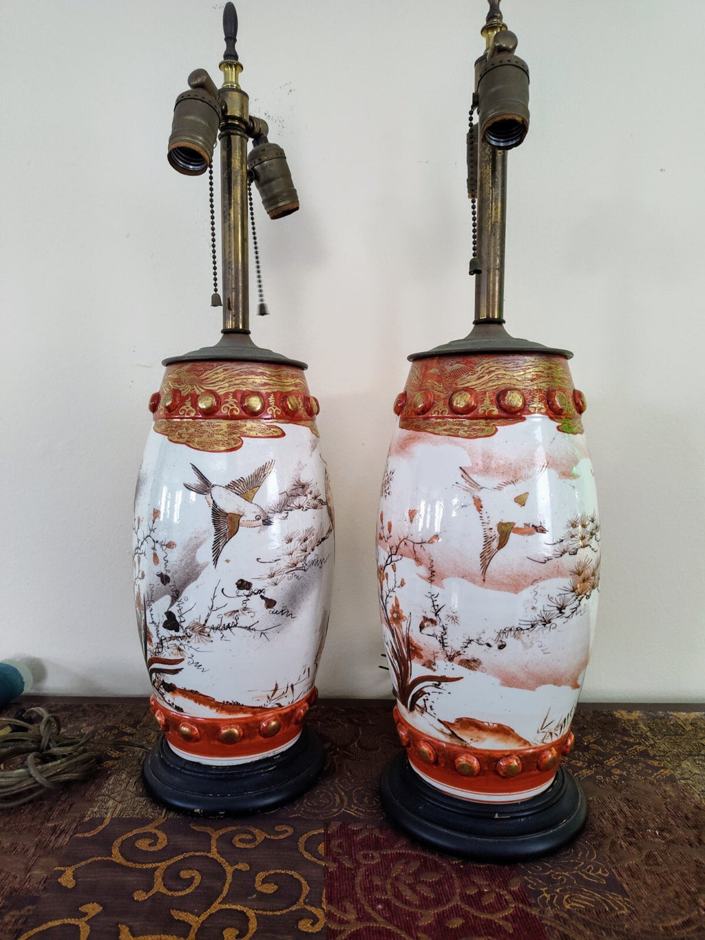 Pair Meiji Japanese Kutani Seizan Lamps, Gilt Birds & Cranes, Hand Painted