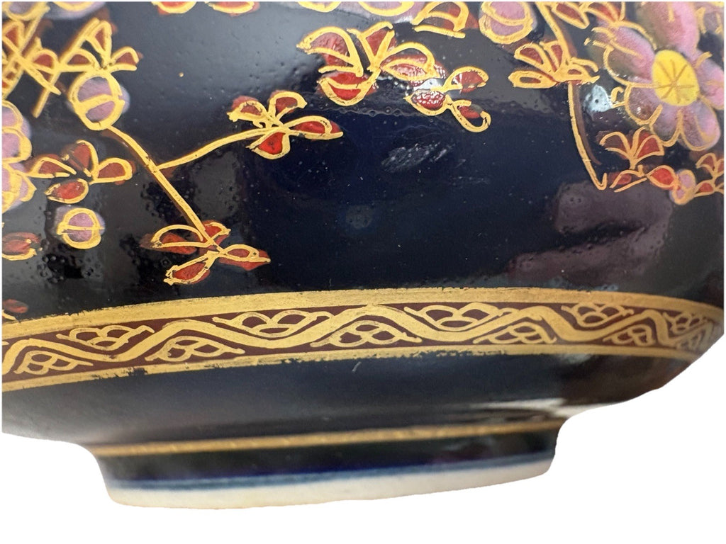 Antique Meiji Japanese Satsuma Mokko-gata Moriage Scenic Bowl Cobalt 4”