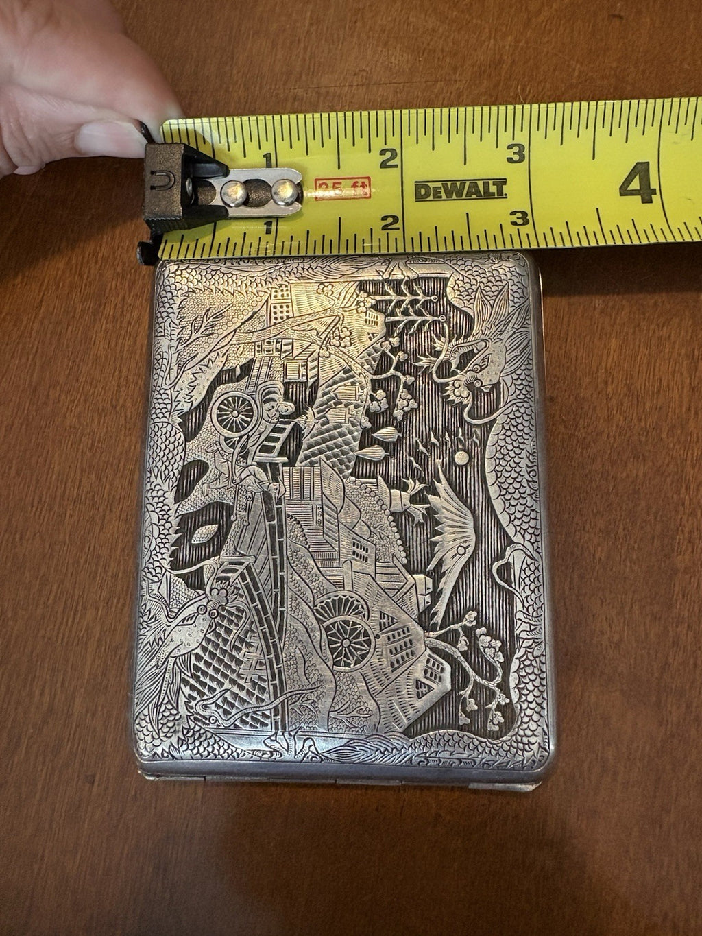 Antique Japanese TOKYO SOLID SILVER Case Dragon & Pagoda Scene 1900 Hand Engrave